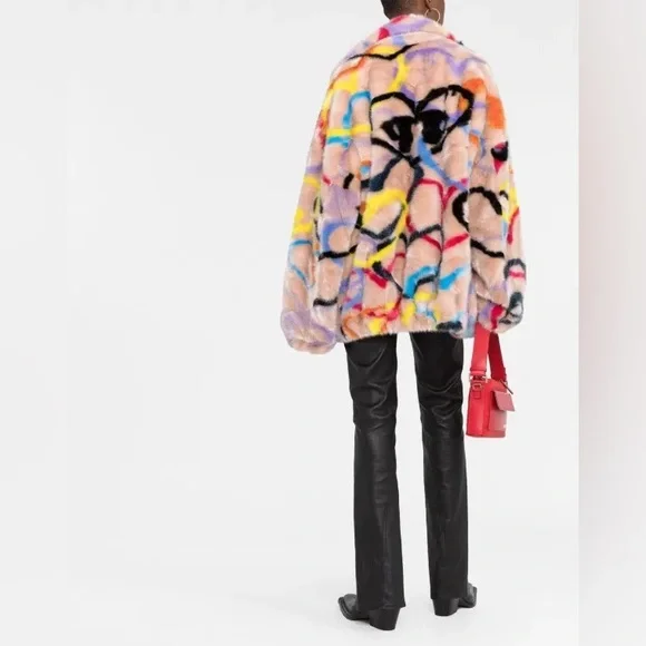 Philipp Plein Multicolor Heart-Print Faux-Fur High-Neck Coat - Picture 5 of 10